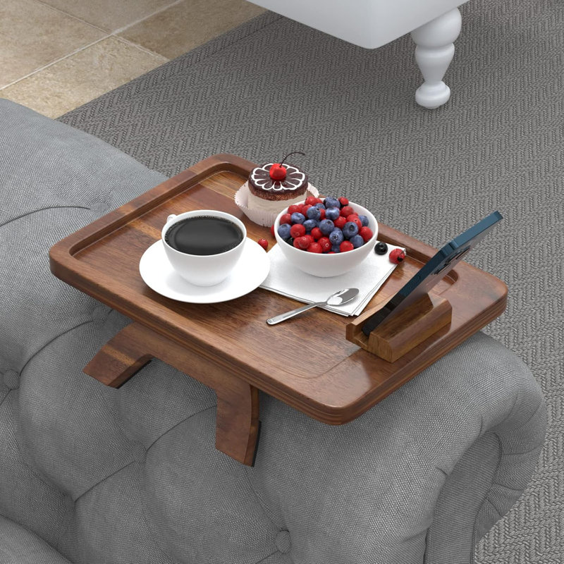 Acacia Wood Couch Arm Table Sofa Arm Tray With 360 Rotating Holder Clip On Arm Chair Table Tray Couch Arm Tray Sofa Armrest Tray For Small Space
